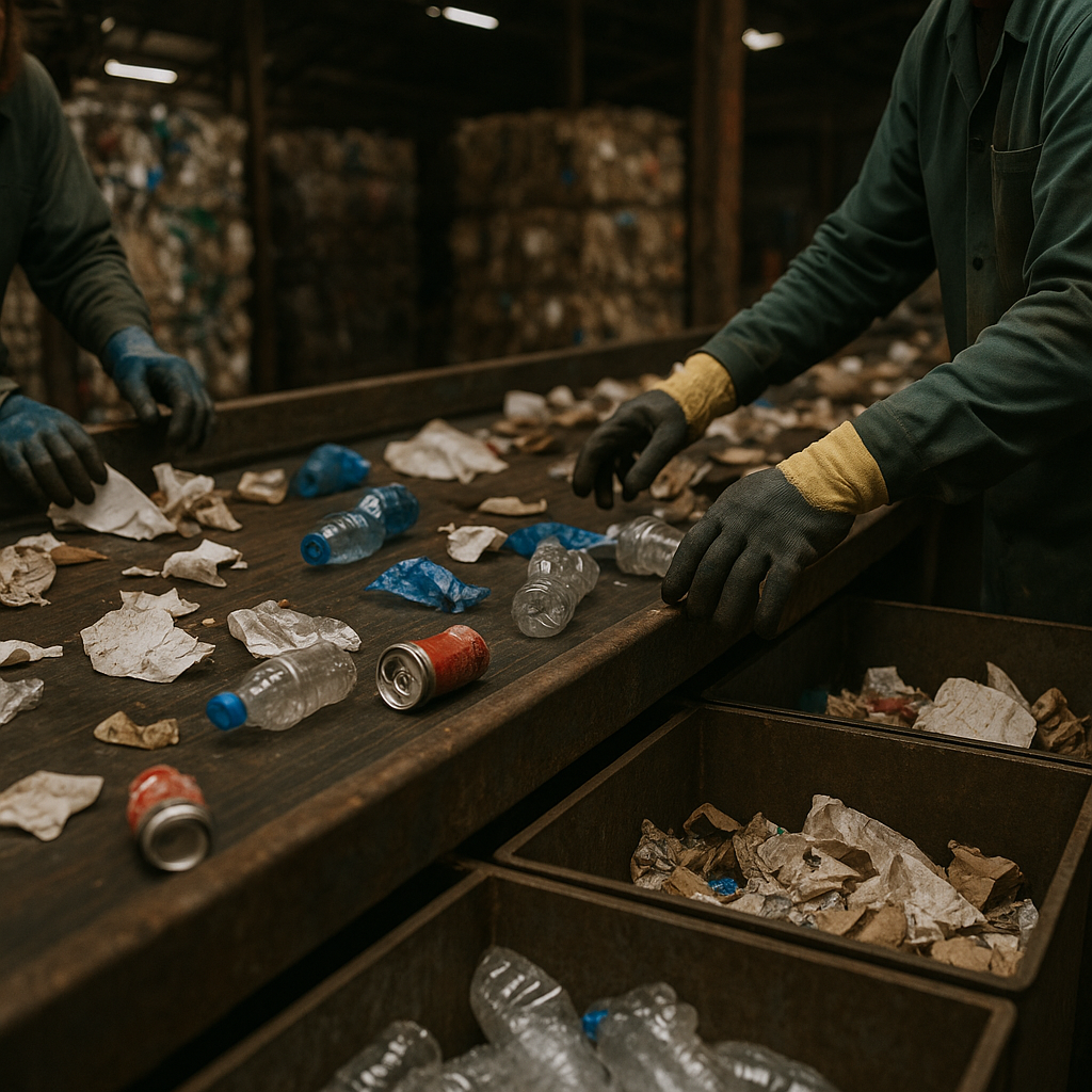Mãos com luvas realizando a triagem de resíduos recicláveis em uma esteira dentro de um galpão de reciclagem, com materiais separados em caixas abaixo.